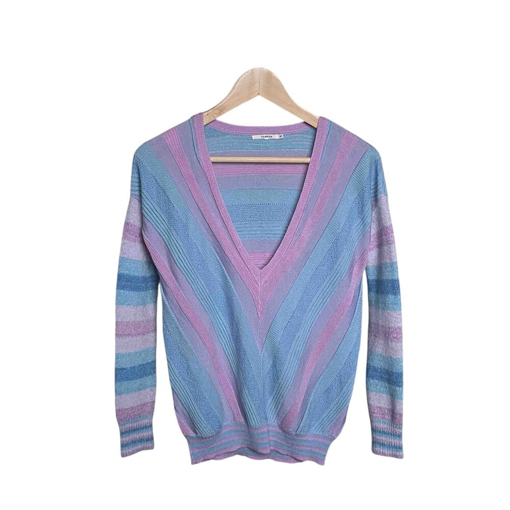 Tularosa Kinsley V Neck Sweater S Pastel Blue Purple Striped Acrylic Wool Blend